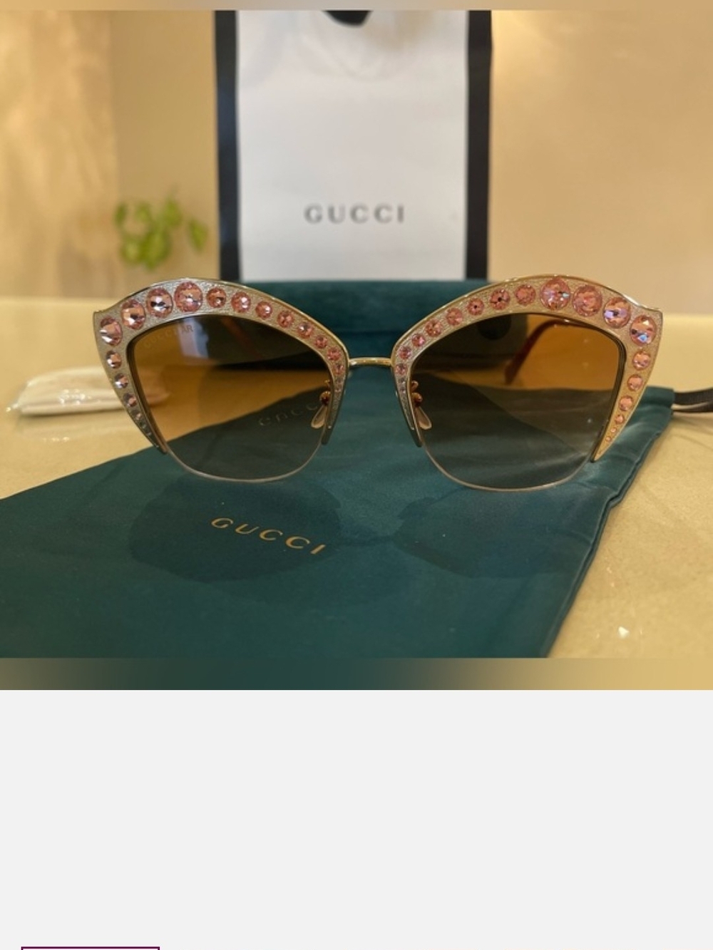 Authentic Gucci Cat-Eye Sunglasses with Pink Crystal Accents GG0114S